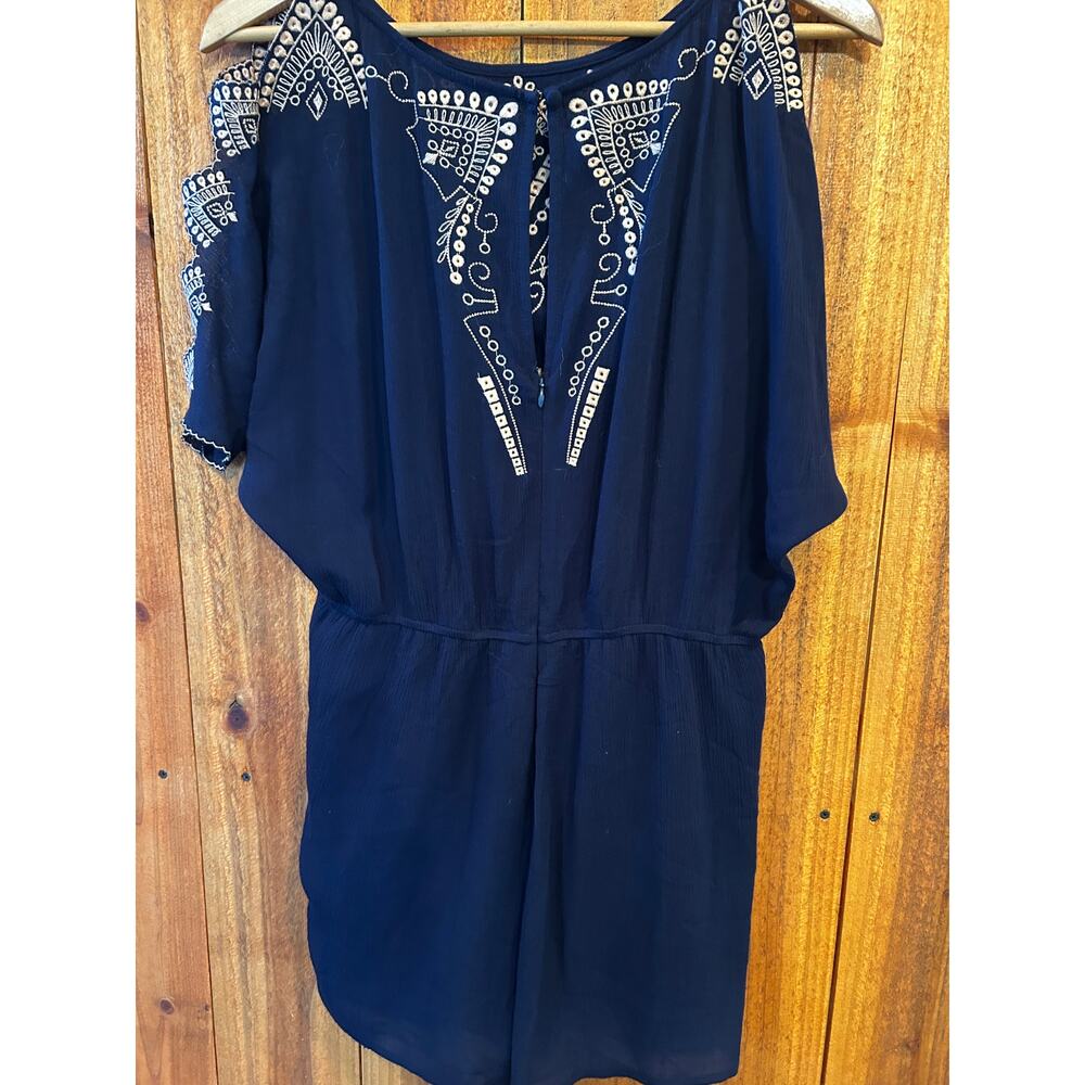 Alya Navy Blue Embroidered Boho Cold Shoulder Romper Cutout Flutter Sleeve S M - Picture 8 of 10